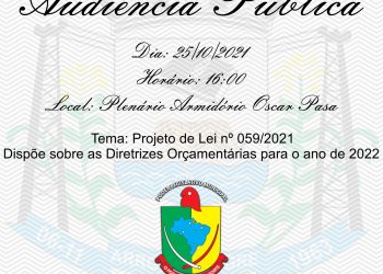 Câmara de Vereadores realizará Audiência Pública para debater o Projeto de Diretrizes Orçamentárias para o ano de 2022.