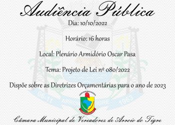 Câmara de Vereadores realizará Audiência Pública para debater o Projeto de Diretrizes Orçamentárias para o ano de 2023.