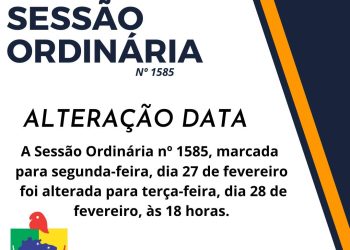 Última Sessão Ordinária de fevereiro será terça-feira, dia 28, às 18 horas.
